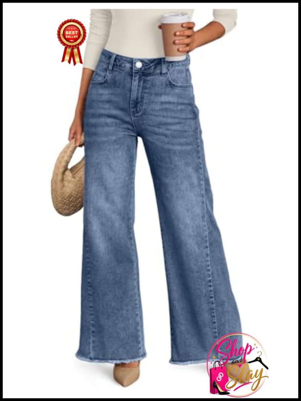 Trendy Queen Wide Leg Jeans Raw Hem Loose Fit Womens Denim Pants